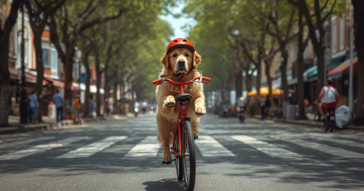 犬が自転車に乗って町を走るAI画像