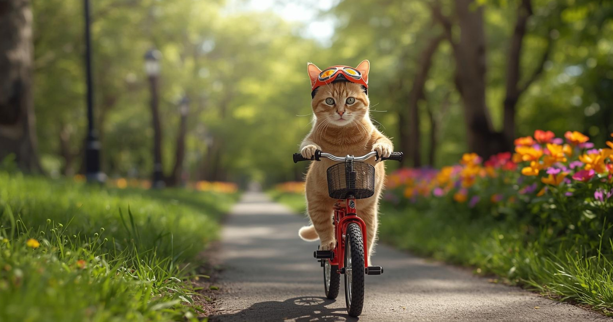 猫が自転車で公園を走るAI画像