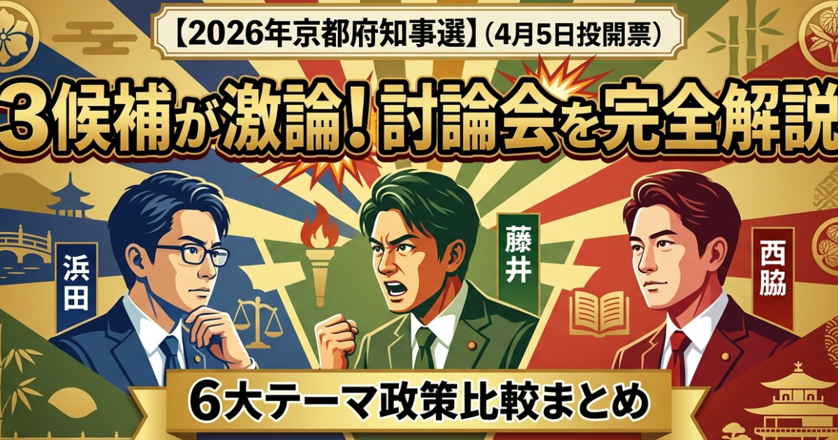 【2026年京都府知事選】3候補の討論会を完全解説｜西脇・藤井・浜田 6大テーマ政策比較まとめ（4月5日投開票）のイメージ画像